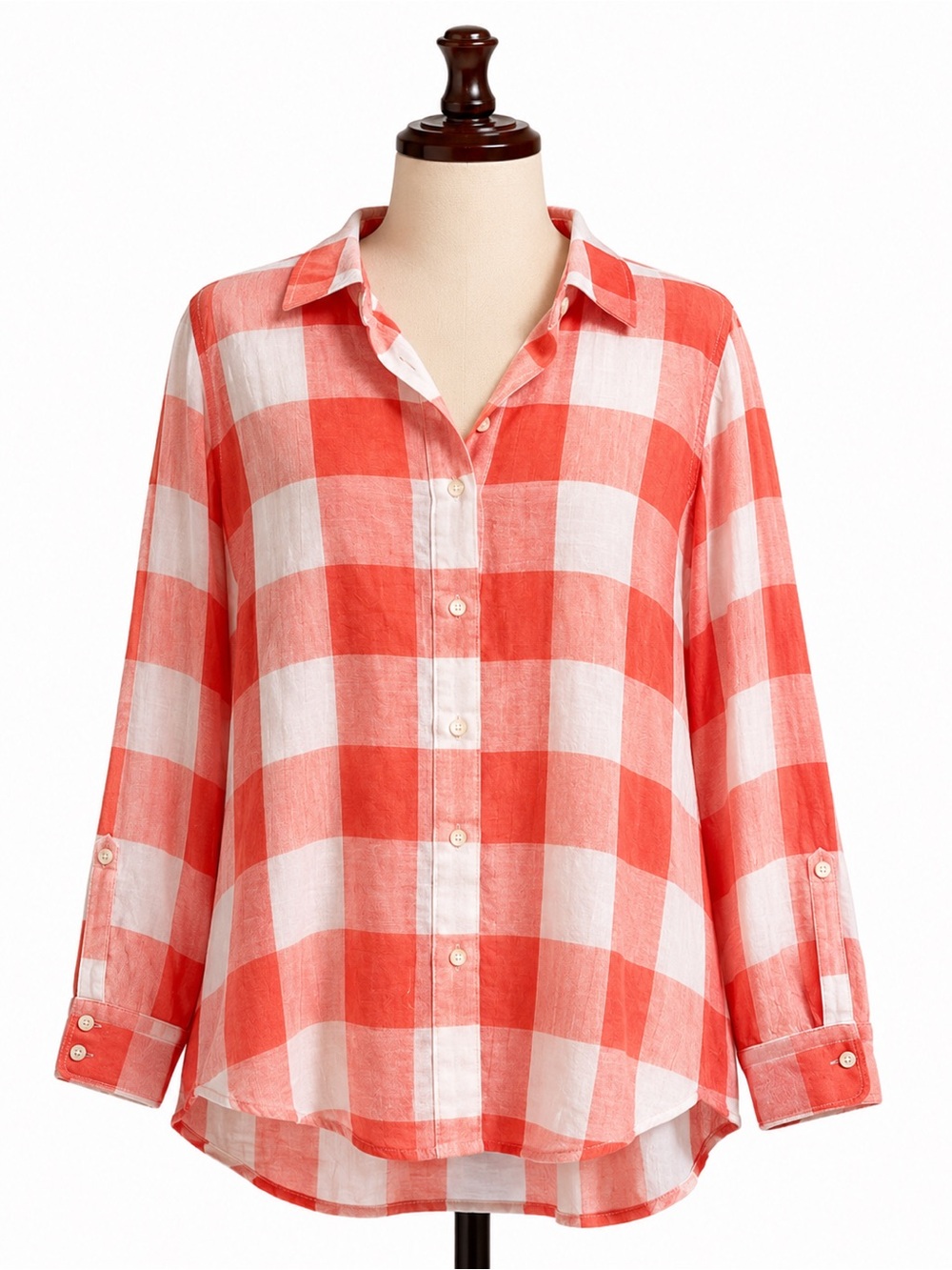 Lane Bryant Coral and White Gingham Button-Up